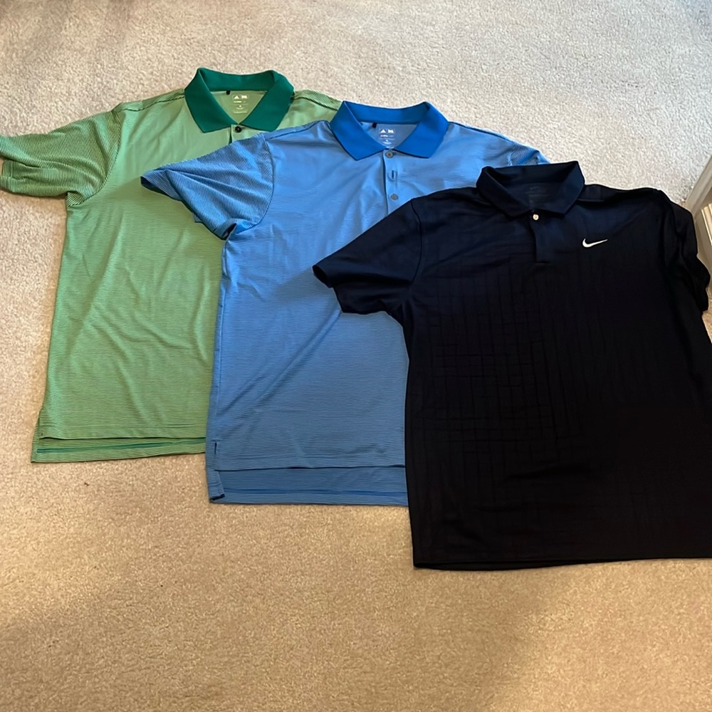 3 men’s Athletic Polos. 2 ADIDAS and 1 NIKE